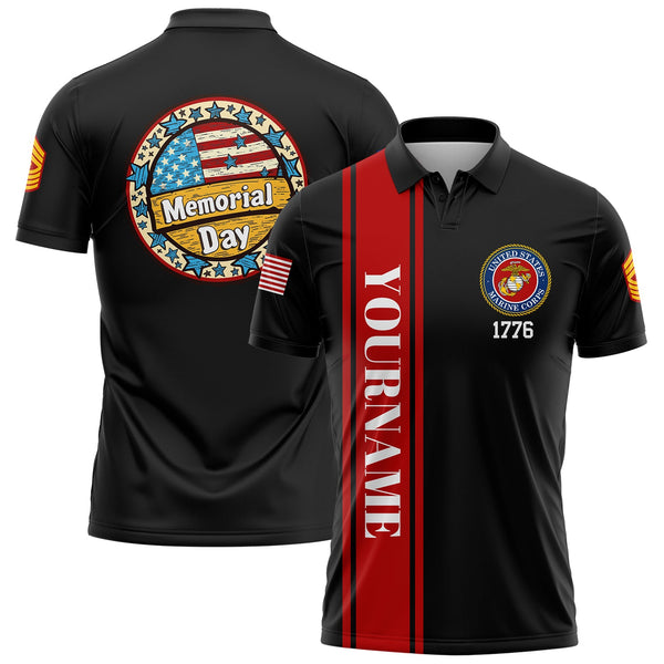 Custom Black 1776 American Flag U.S Marine Corps Military Rank Name Memorial Day Golf Polo Shirt