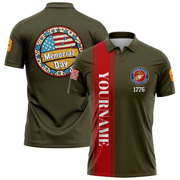 Custom Olive 1776 American Flag U.S Marine Corps Military Rank Name Memorial Day Golf Polo Shirt