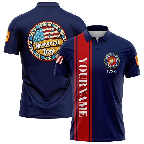 Custom Navy 1776 American Flag U.S Marine Corps Military Rank Name Memorial Day Golf Polo Shirt