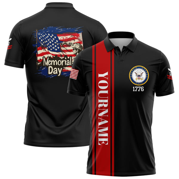 Custom Black 1776 American Flag U.S Navy Military Rank Name Memorial Day Golf Polo Shirt
