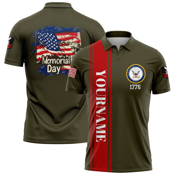 Custom Olive 1776 American Flag U.S Navy Military Rank Name Memorial Day Golf Polo Shirt