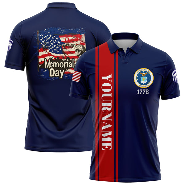 Custom Navy 1776 American Flag U.S Air Force Military Rank Name Memorial Day Golf Polo Shirt