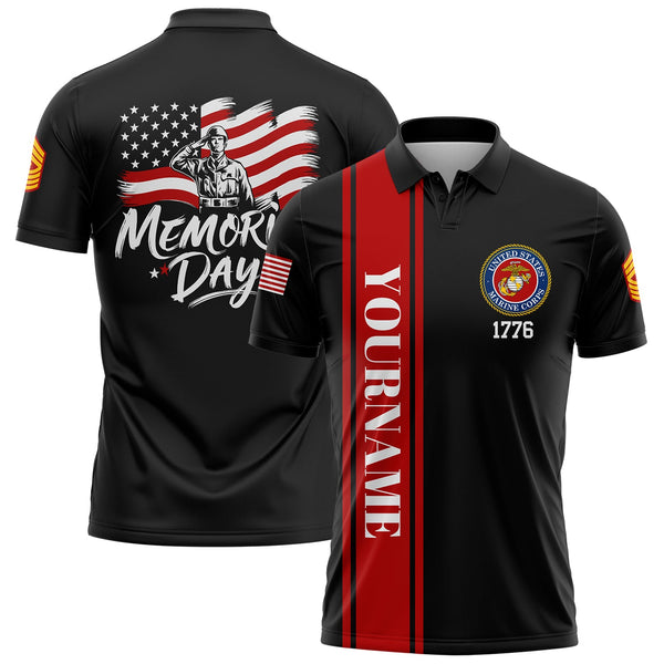 Custom Black 1776 American Flag U.S Marine Corps Military Rank Name Memorial Day Golf Polo Shirt