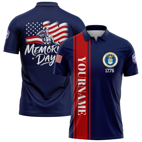 Custom Navy 1776 American Flag U.S Air Force Military Rank Name Memorial Day Golf Polo Shirt