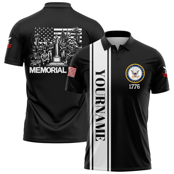 Custom Black 1776 American Flag U.S Navy Military Rank Name Memorial Day Golf Polo Shirt
