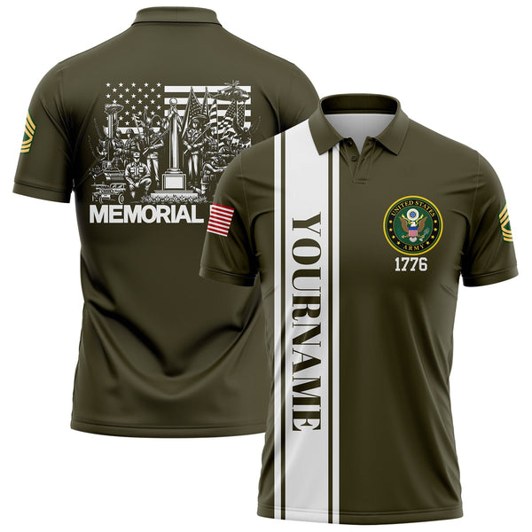 Custom Olive 1776 American Flag U.S Army Military Rank Name Memorial Day Golf Polo Shirt
