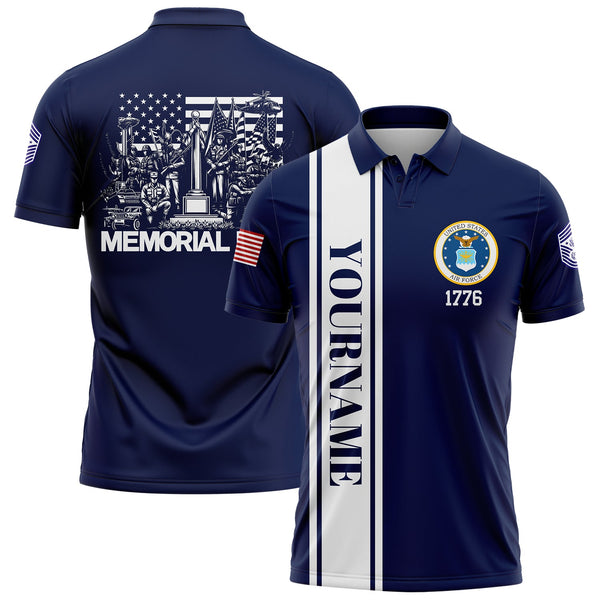 Custom Navy 1776 American Flag U.S Air Force Military Rank Name Memorial Day Golf Polo Shirt