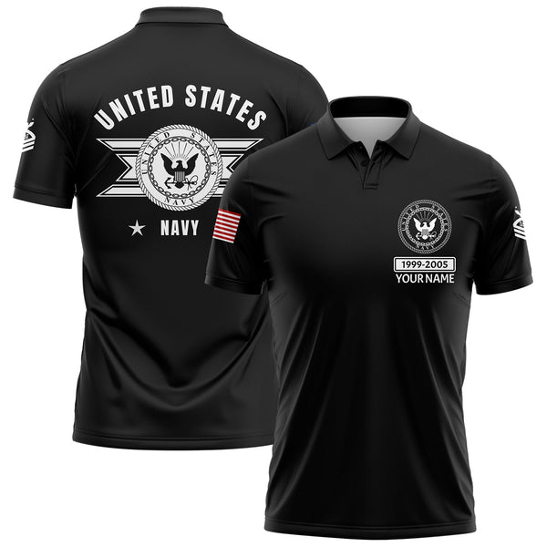 Custom Black U.S Navy Military Rank Veteran Name Golf Polo Shirt