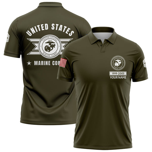 Custom Olive U.S Marine Corps Military Rank Veteran Name Golf Polo Shirt