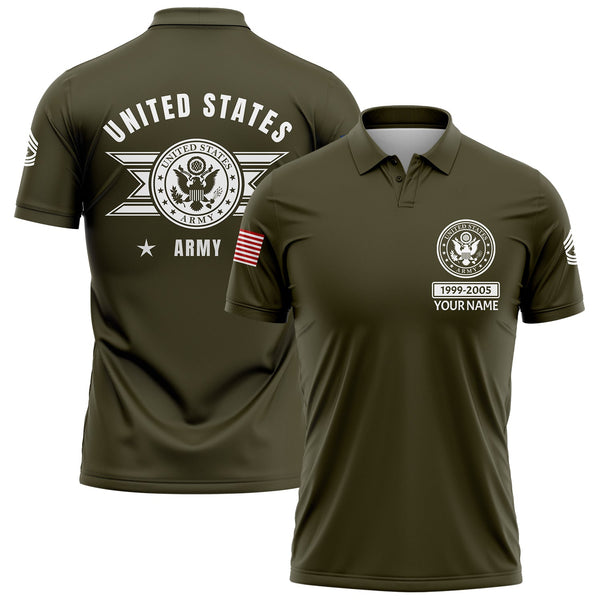 Custom Olive U.S Army Military Rank Veteran Name Golf Polo Shirt