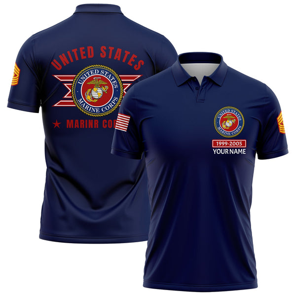 Custom Navy U.S Marine Corps Military Rank Veteran Name Golf Polo Shirt