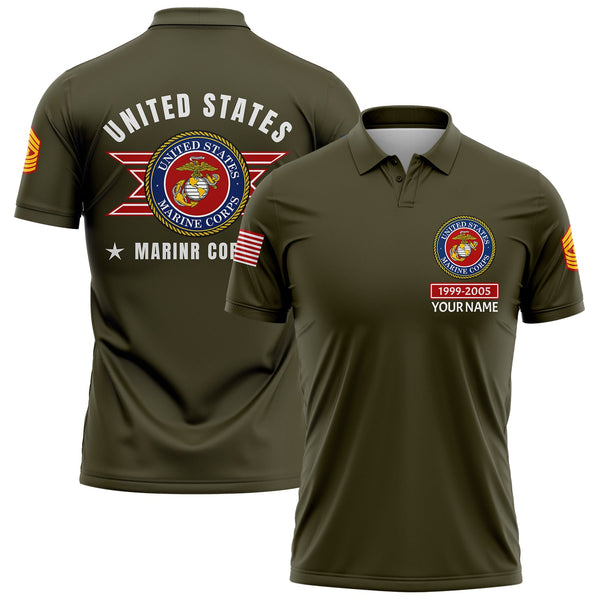 Custom Olive U.S Marine Corps Military Rank Veteran Name Golf Polo Shirt