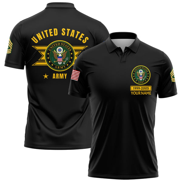 Custom Black U.S Army Military Rank Veteran Name Golf Polo Shirt