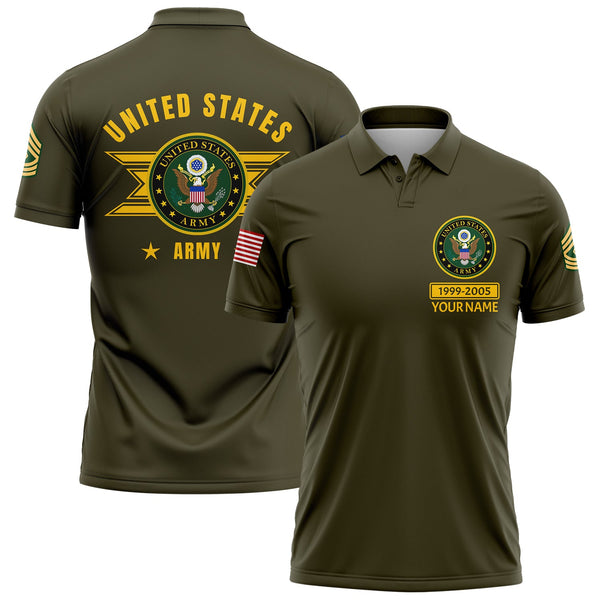 Custom Olive U.S Army Military Rank Veteran Name Golf Polo Shirt