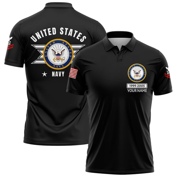 Custom Black U.S Navy Military Rank Veteran Name Golf Polo Shirt