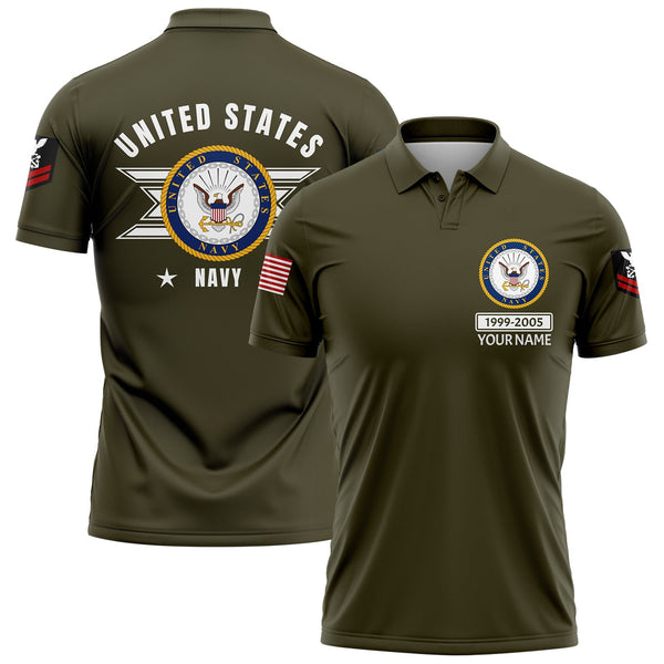 Custom Olive U.S Navy Military Rank Veteran Name Golf Polo Shirt