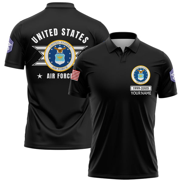Custom Black U.S Air Force Military Rank Veteran Name Golf Polo Shirt