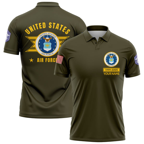 Custom Olive U.S Air Force Military Rank Veteran Name Golf Polo Shirt
