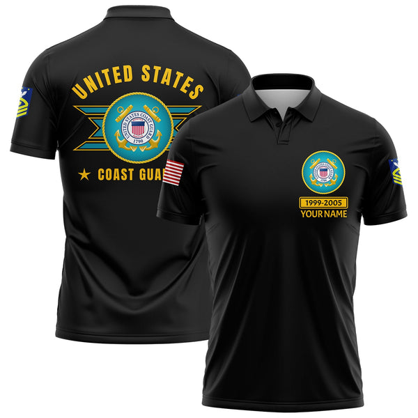 Custom Black U.S Coast Guard Military Rank Veteran Name Golf Polo Shirt