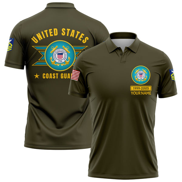 Custom Olive U.S Coast Guard Military Rank Veteran Name Golf Polo Shirt