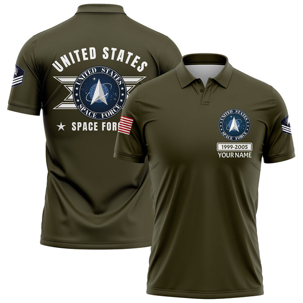Custom Olive U.S Space Force Military Rank Veteran Name Golf Polo Shirt