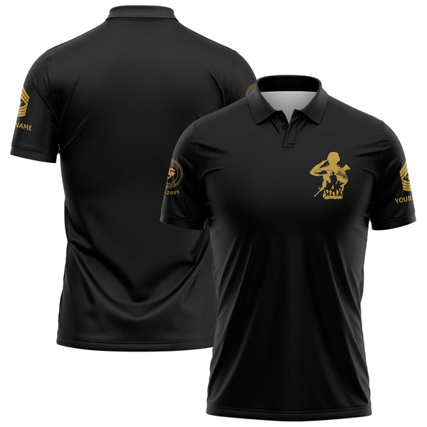 Custom Black USA Military Rank Veteran Name Golf Polo Shirt