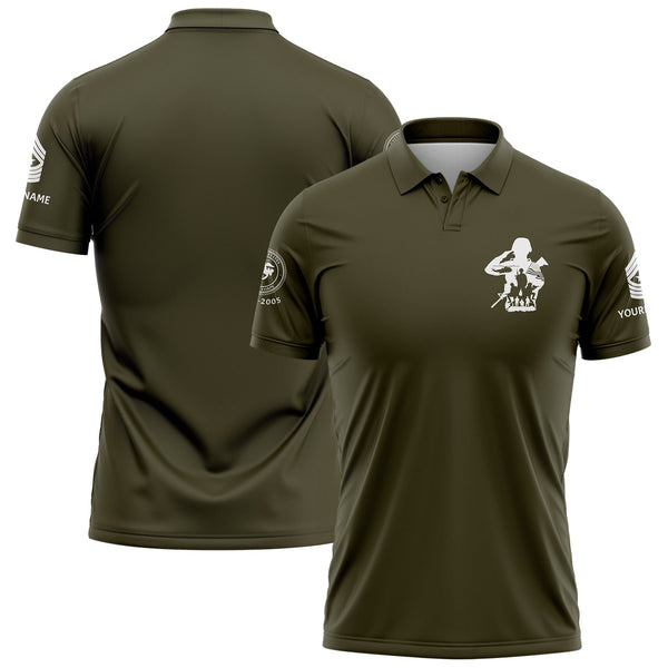 Custom Olive USA Military Rank Veteran Name Golf Polo Shirt