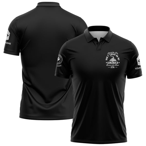 Custom Black Land OF The Free Don't Tread On Me America Because Of The Brave 1776 Military Rank Veteran Name Golf Polo Shirt