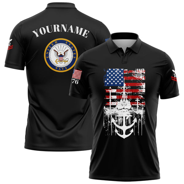 Custom Black Warship 1776 American Flag U.S Navy Military Rank Name Golf Polo Shirt