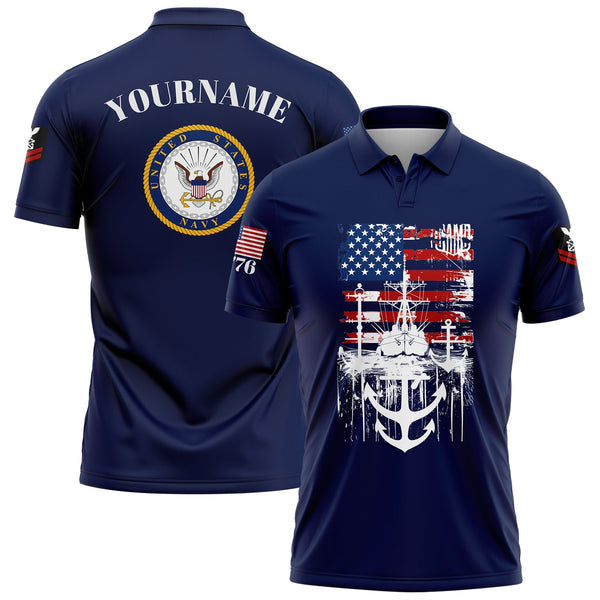 Custom Navy Warship 1776 American Flag U.S Navy Military Rank Name Golf Polo Shirt