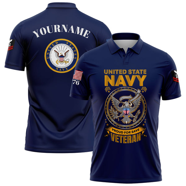 Custom Navy Veterans 1776 American Flag U.S Navy Military Rank Name Golf Polo Shirt