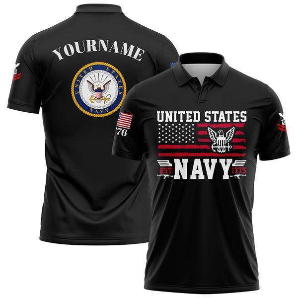 Custom Black Est 1775 American Flag U.S Navy Military Rank Name Golf Polo Shirt
