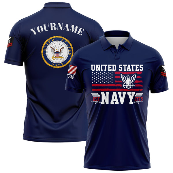 Custom Navy Est 1775 American Flag U.S Navy Military Rank Name Golf Polo Shirt