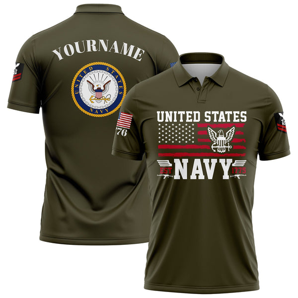 Custom Olive Est 1775 American Flag U.S Navy Military Rank Name Golf Polo Shirt