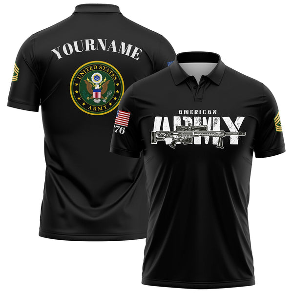 Custom Black Barrett 1776 American Flag U.S Army Military Rank Name Golf Polo Shirt
