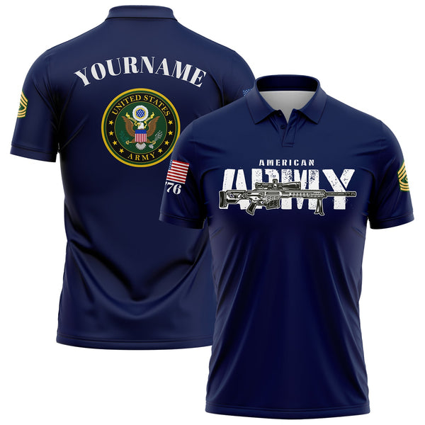 Custom Navy Barrett 1776 American Flag U.S Army Military Rank Name Golf Polo Shirt