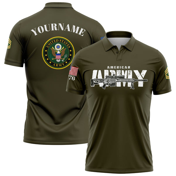 Custom Olive Barrett 1776 American Flag U.S Army Military Rank Name Golf Polo Shirt