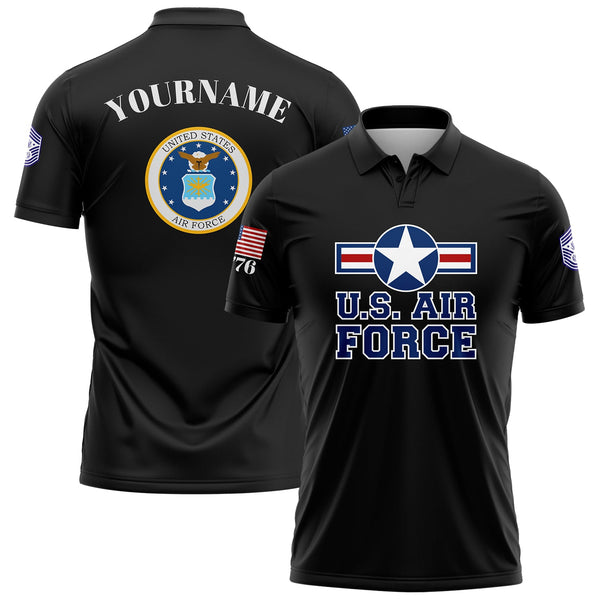 Custom Black 1776 U.S Air Force Military Rank Name Golf Polo Shirt