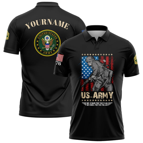 Custom Black We Stand For The Flag We Kneel For The Fallen 1776 American Flag U.S Army Military Rank Name Golf Polo Shirt