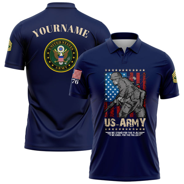 Custom Navy We Stand For The Flag We Kneel For The Fallen 1776 American Flag U.S Army Military Rank Name Golf Polo Shirt