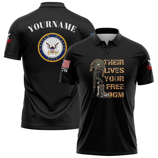 Custom Black Their Lives Your Freedom 1776 U.S Marine Corps Military Rank Name Memorial Day Golf Polo Shirt