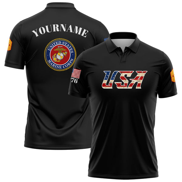 Custom Black USA 1776 American Flag U.S Marine Corps Military Rank Name Memorial Day Golf Polo Shirt