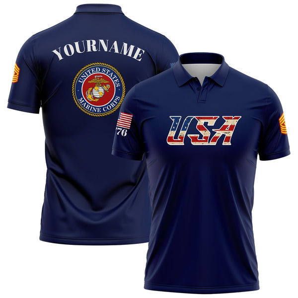 Custom Navy USA 1776 American Flag U.S Marine Corps Military Rank Name Memorial Day Golf Polo Shirt