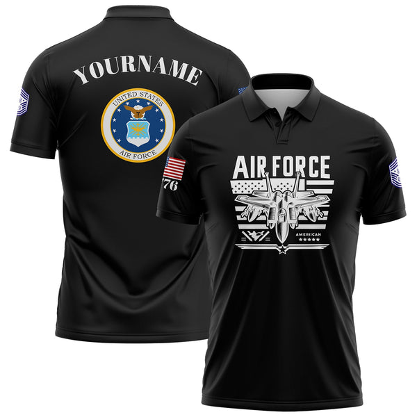 Custom Black Fighter 1776 American Flag U.S Air Force Military Rank Name Golf Polo Shirt