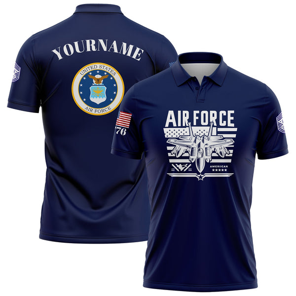 Custom Navy Fighter 1776 American Flag U.S Air Force Military Rank Name Golf Polo Shirt
