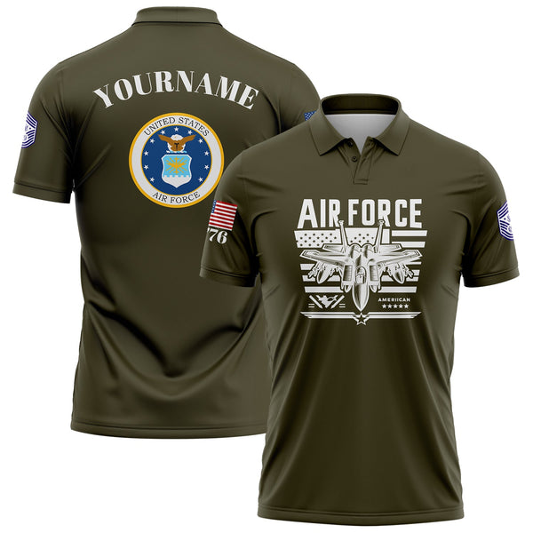 Custom Olive Fighter 1776 American Flag U.S Air Force Military Rank Name Golf Polo Shirt