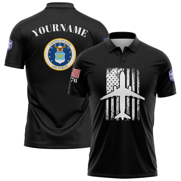 Custom Black Fighter 1776 American Flag U.S Air Force Military Rank Name Golf Polo Shirt