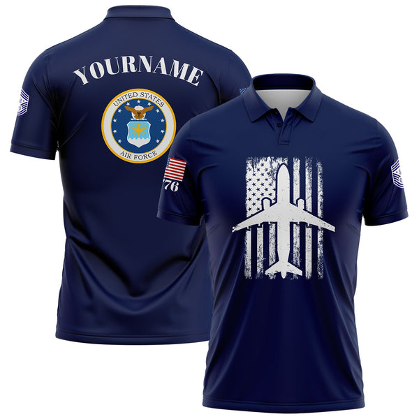 Custom Navy Fighter 1776 American Flag U.S Air Force Military Rank Name Golf Polo Shirt