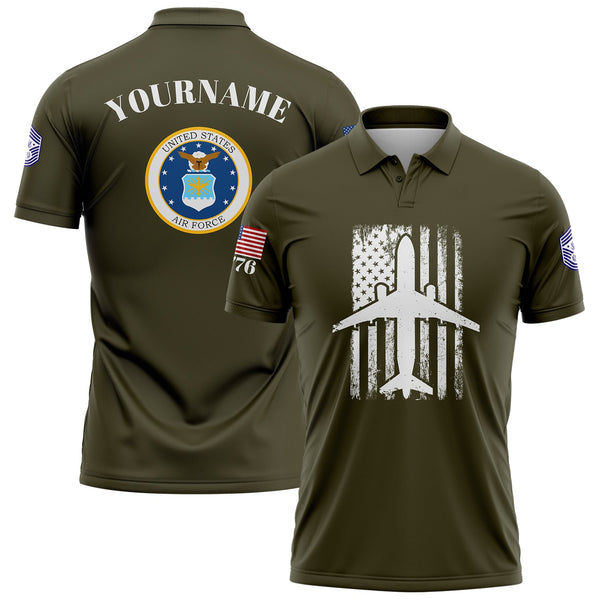 Custom Olive Fighter 1776 American Flag U.S Air Force Military Rank Name Golf Polo Shirt