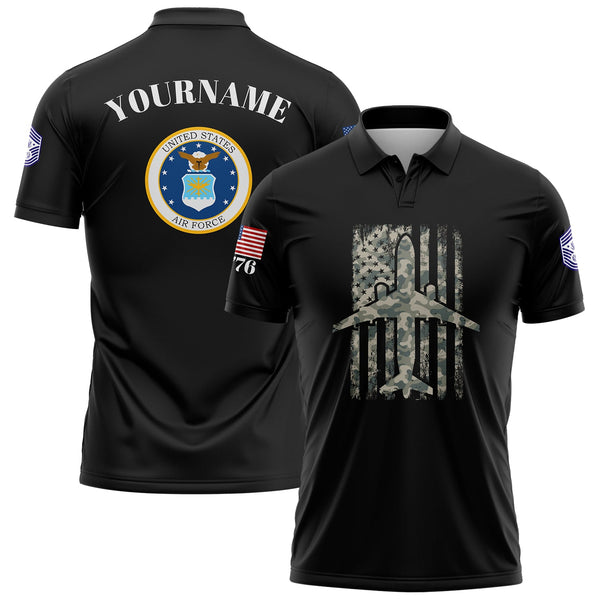 Custom Black Fighter 1776 American Flag U.S Air Force Military Rank Name Golf Polo Shirt